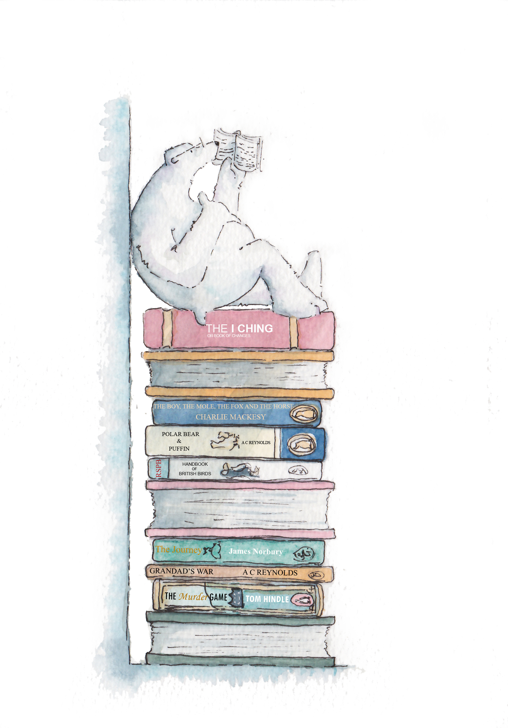 Illustrative watercolour artwork of a Polar Bear wearing glasses sitting on a pile of books reading. Painting created as part of a series of artwork by Amanda Reynolds exploring mental health. Polar Bear & Puffin series.