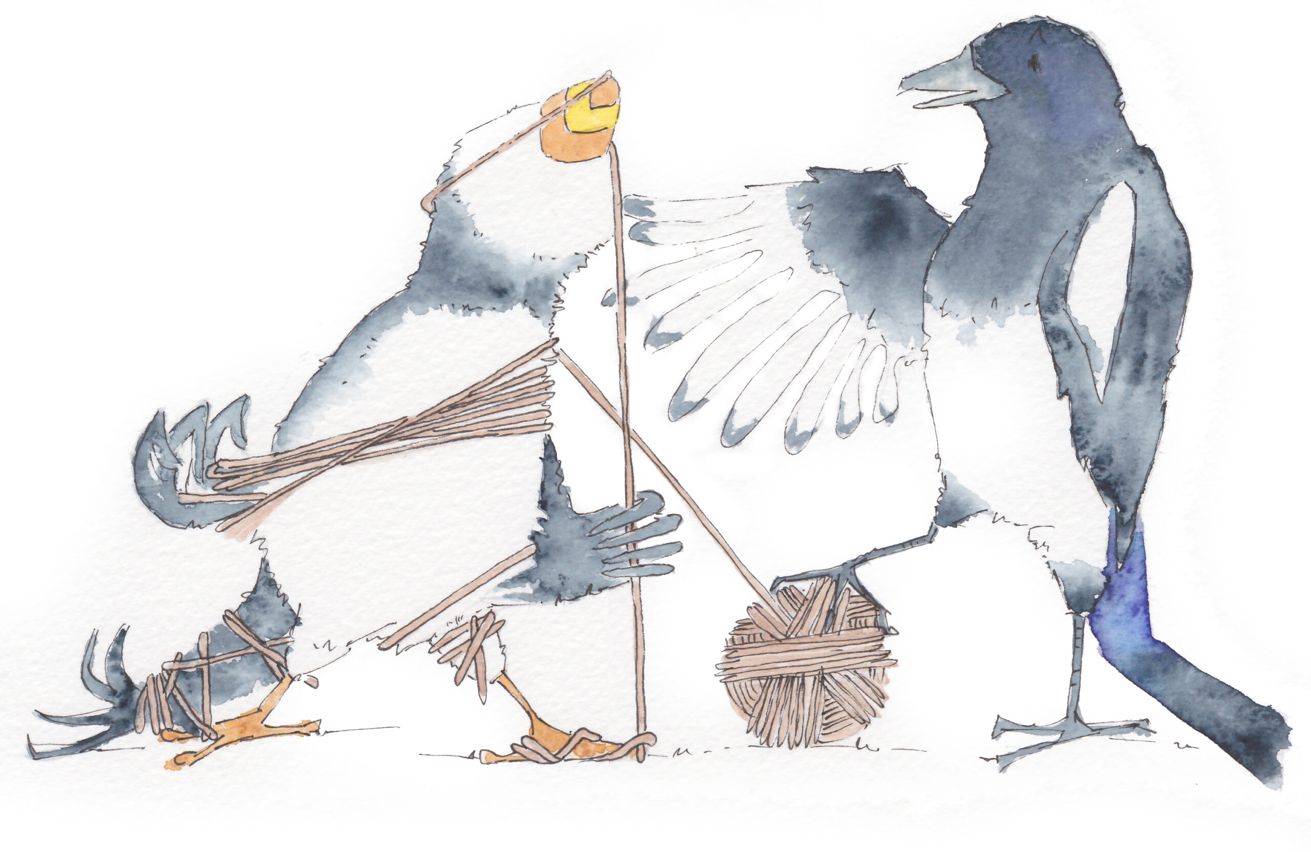 This image is a watercolour painting by artist and therapist Amanda Reynolds. It depicts a puffin tied up in knots who is struggling with their mental health and a magpie who represent the critical voice. 